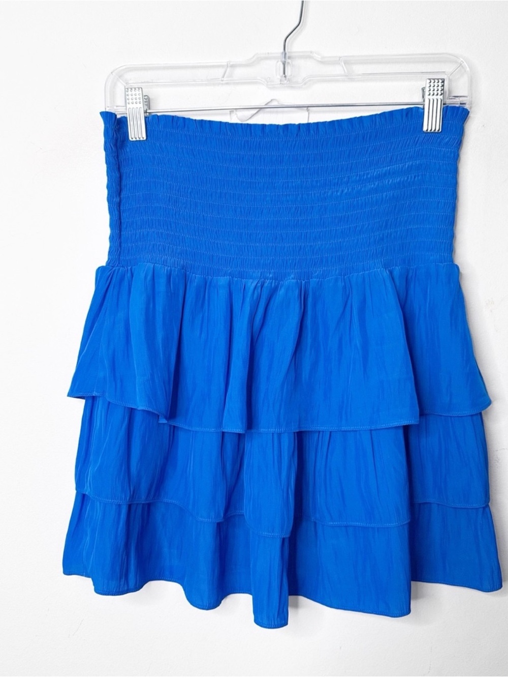 RAMY BROOK Tiered Ruffle Smocked Waist Mini Skirt in Bright Blue Sz. Large - Picture 3 of 3